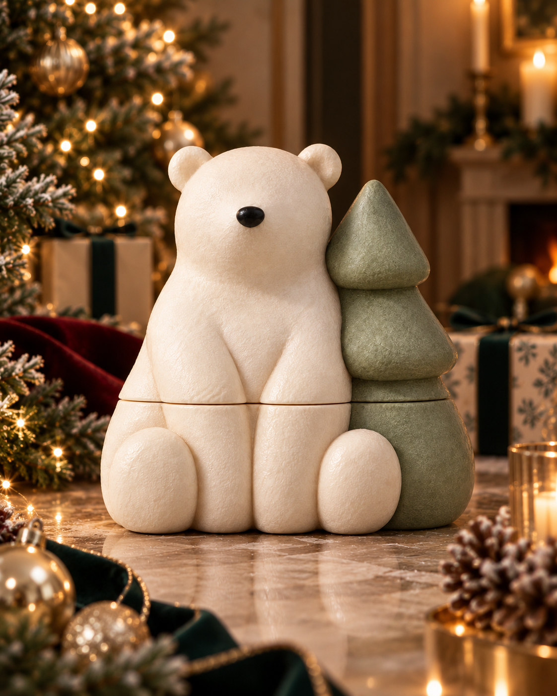 Ivory bear beside a sage-green tree, designed as a candle vessel and lid