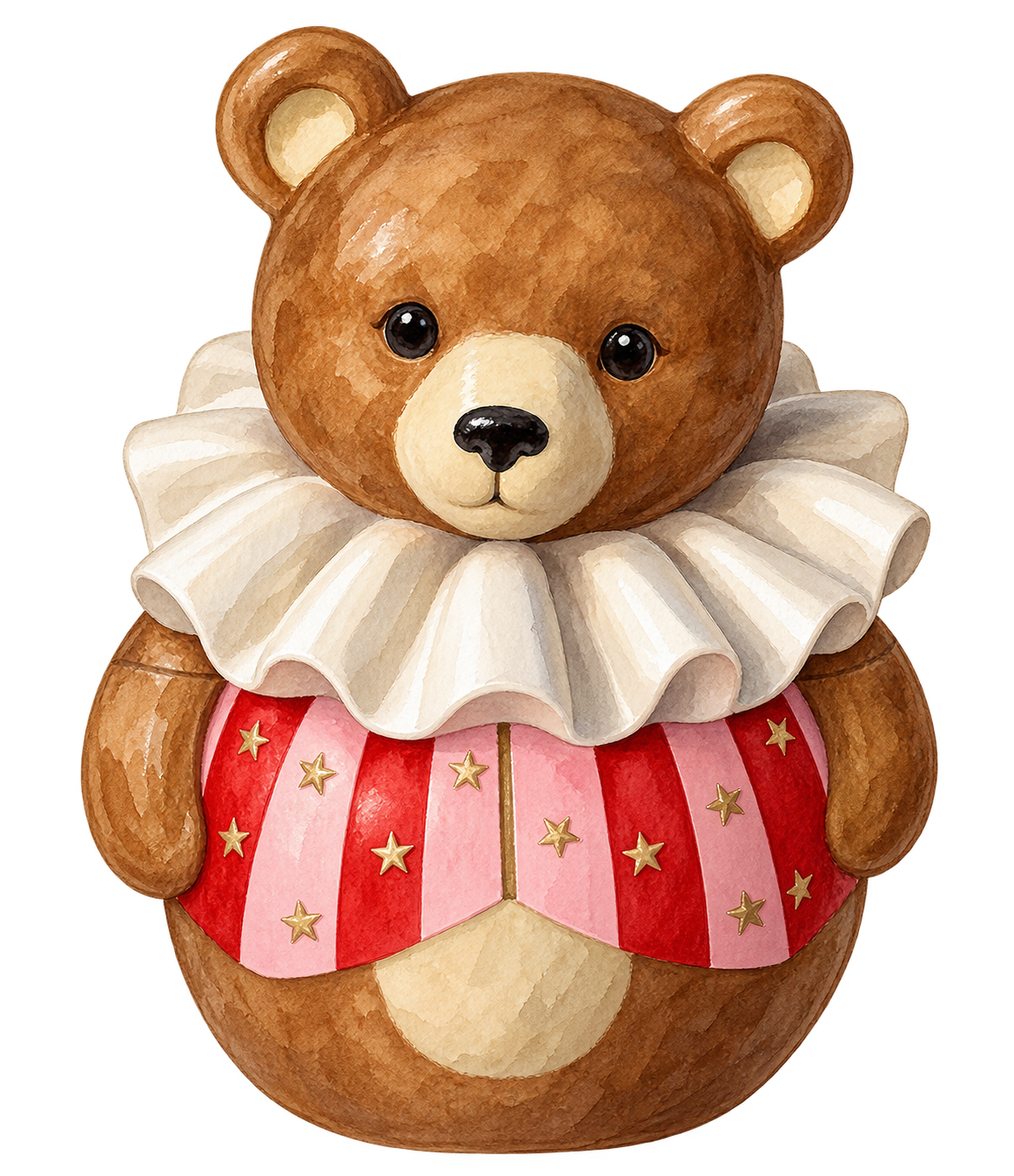 Brown circus bear with an ivory ruff, pink and red waistcoat and gold stars