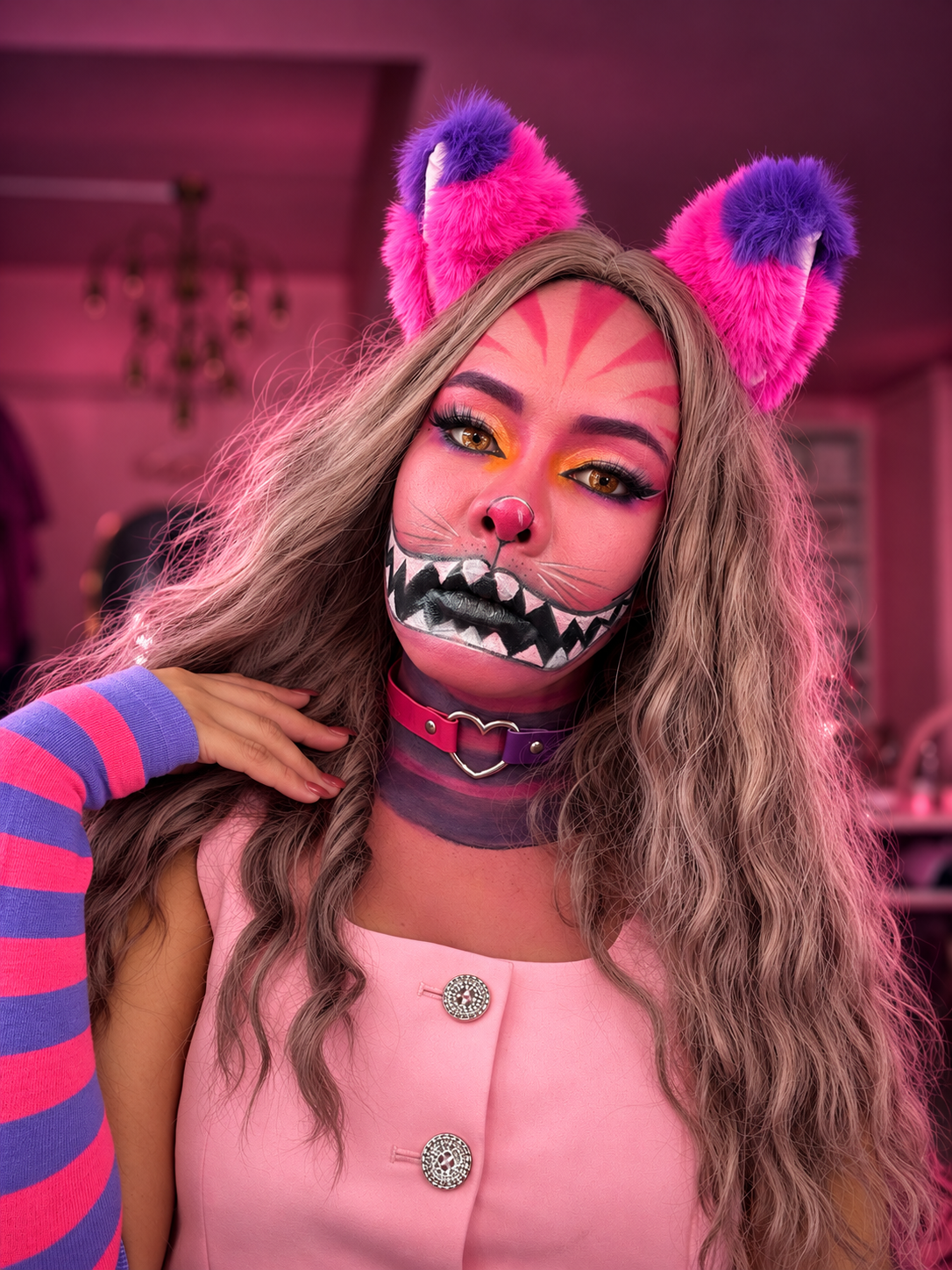 Diana’s pink and purple feline character makeup