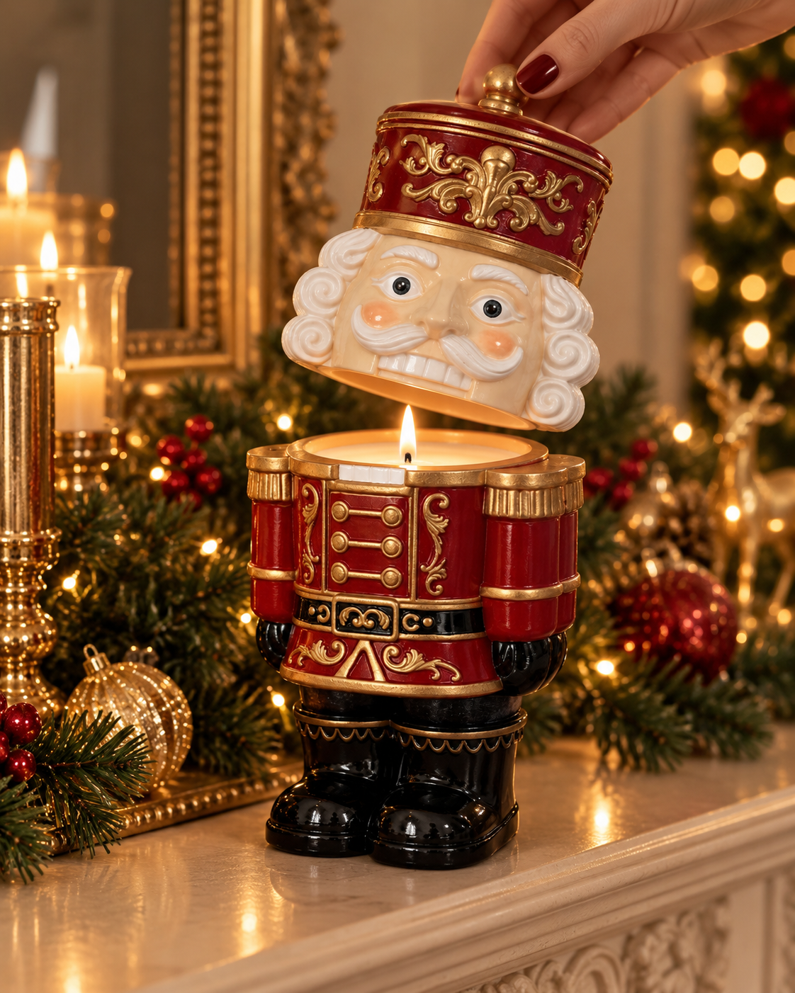 Red and gold nutcracker candle vessel with a removable head lid