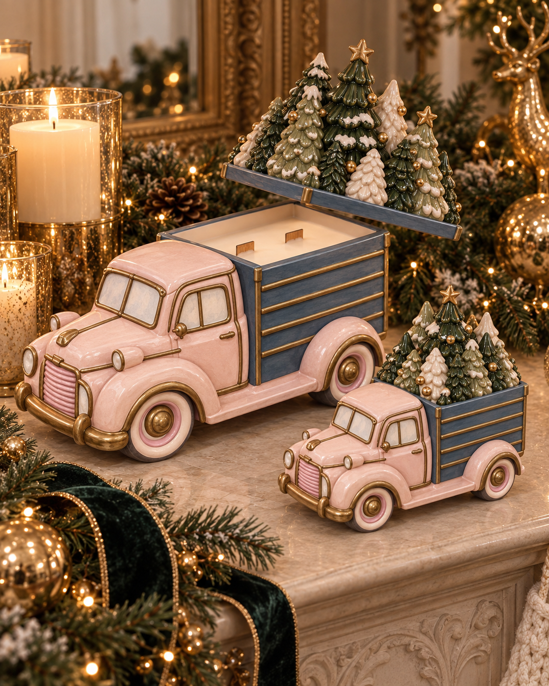 Vintage pink truck candle vessel with a decorative Christmas tree lid