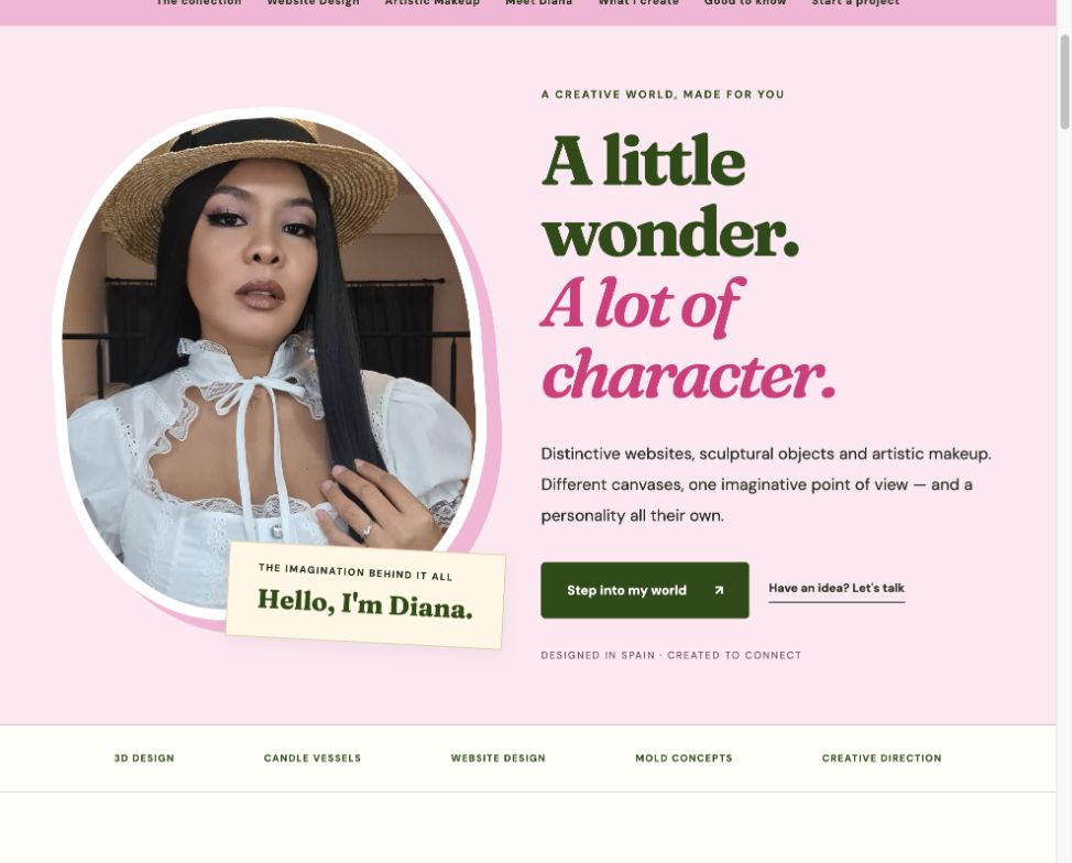 Diana Creative Studio website with pink and green branding